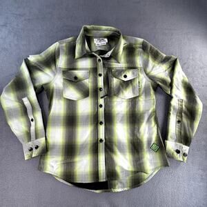 OFF the Grid Women's Bailey Technical Flannel Shirt Medium Lime Green Gray Plaid